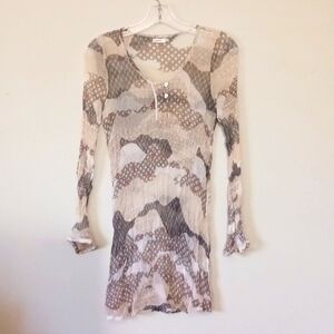 Kaffe Y2K Goblin Fairy Whimsical Sheer Neutral Graphic Mesh Long Top, Size S/M